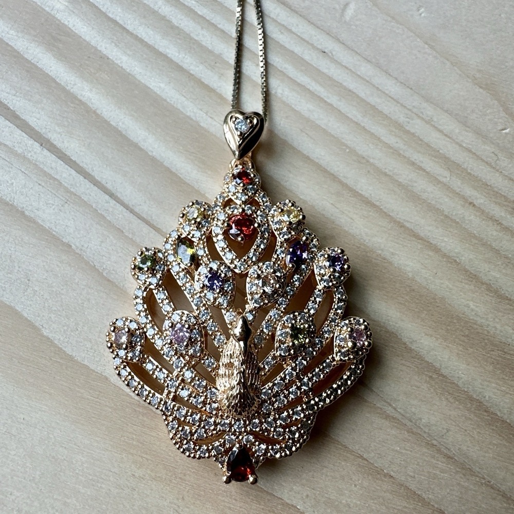 VTG Peacock Pendant Necklace 15 Inch Multi Lab Created Gems Sterling Italy Chain